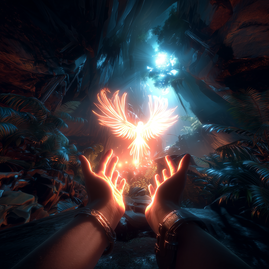 Phoenix rising with magical flames